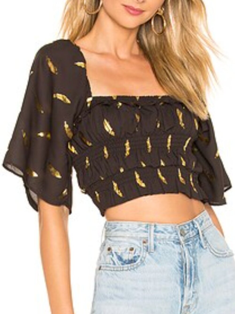 Tularosa Rosie Top Cropped Smocked Bodice Black & Gold Metallic Feather Medium